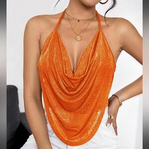 Orange Halter Neck Drape Top large